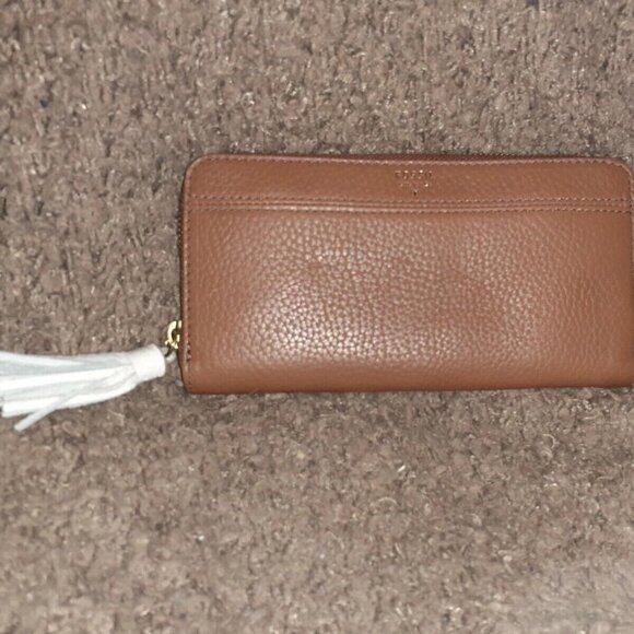 FOSSIL-Tara Zip Around Clutch Wallet-Brown Leather/White Tassel-NWT - Picture 1 of 6